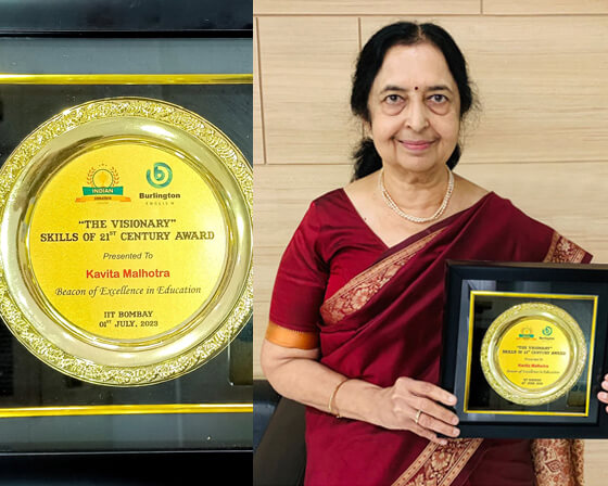 Mrs. Kavita Malhotra, Director-Principal, awarded 'The Visionary - Skills of 21st Century' by Burlin